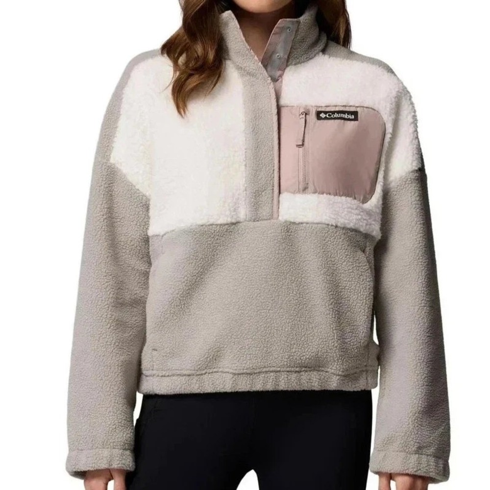 Columbia Womens XXL Sherpa Fleece Pullover Grey White Snap Neck Jacket